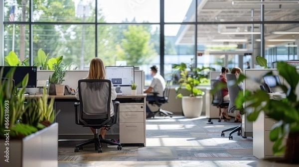 Obraz A large open office space with many desks and plants