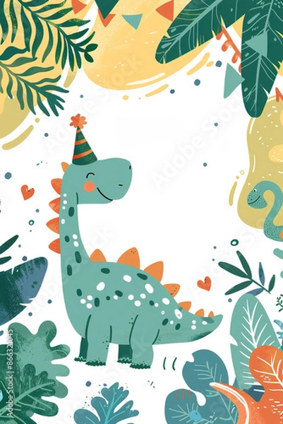 Fototapeta Adorable illustration of a cheerful green dinosaur in a party hat surrounded by a festive jungle setting, perfect for children's birthday invitations or decorations. Vertical format.
