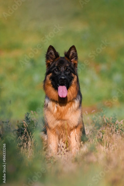 Fototapeta A German Shepherd poses in the park in summer