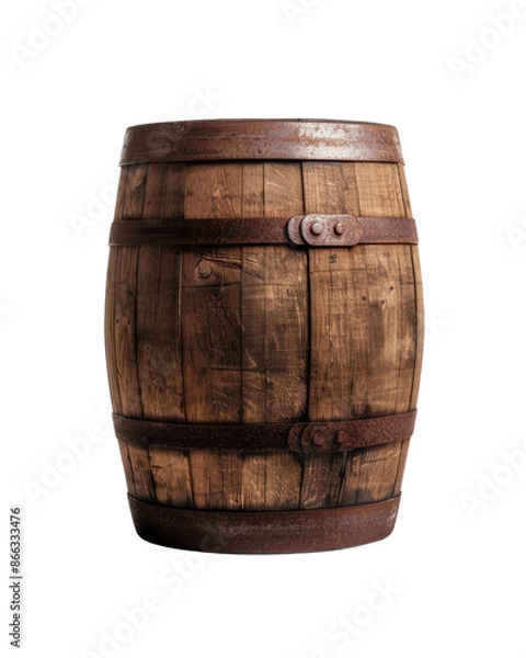 Fototapeta Rustic wooden barrel with metal bands, isolated on white background. Perfect for vintage, storage, or beverage themes.