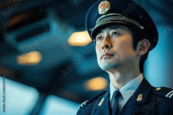 Fototapeta Portrait of a Japanese pilot preparing for a flight in the airport terminal, high quality photo, photorealistic, confident expression, studio lighting