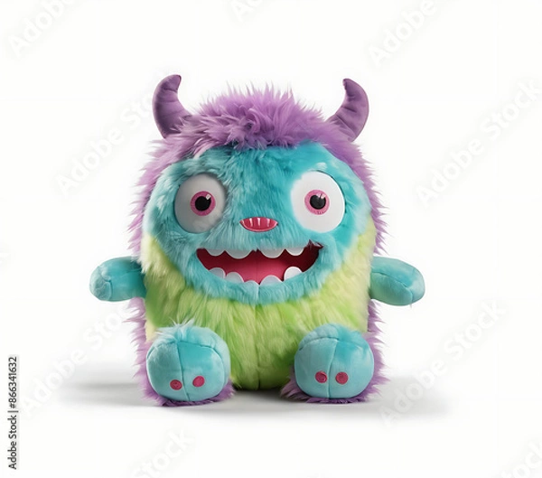Fototapeta  An adorable, colorful plush monster toy with big eyes and a friendly grin. Perfect for children's rooms, nurseries, or as a cuddly companion for all ages.