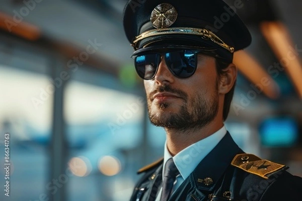 Fototapeta Portrait of an American pilot preparing for a flight in the airport terminal, high quality photo, photorealistic, confident expression, studio lighting