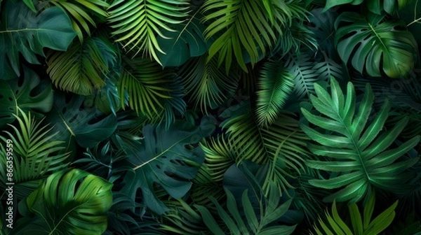 Fototapeta A vibrant and lush tropical background with various green leaves
