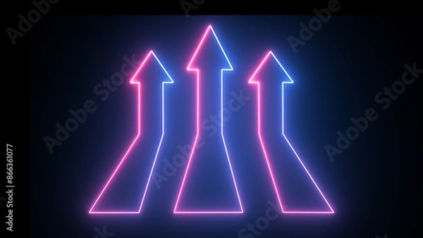 Obraz Triple chevrons pointing right. Glowing neon icon on brick wall background