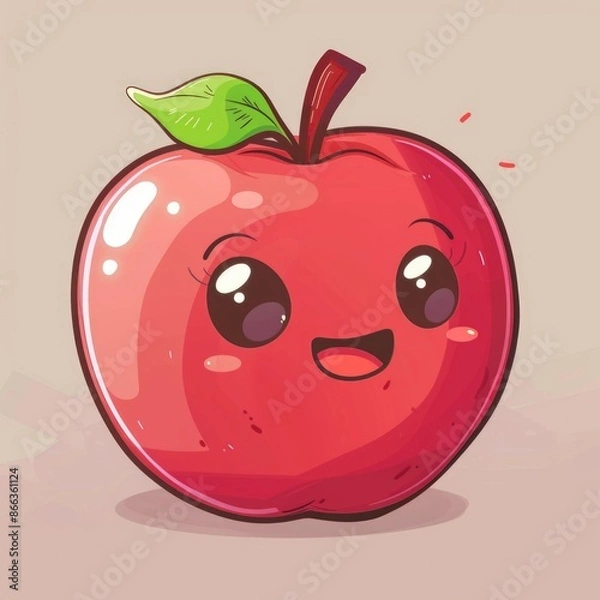 Fototapeta Kawaii small apple chibi picture. Cartoon happy drawn characters