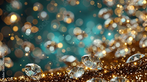Fototapeta Glistening diamonds against a bokeh backdrop, shimmering in golden hues and blue tones.