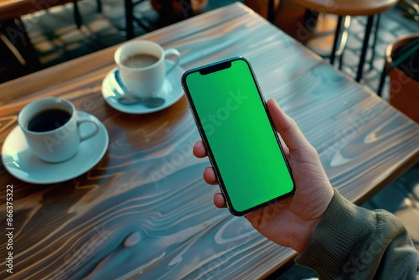 Obraz App mockup or mobile concept during coffee time in street cafe, point of view or POV on phone