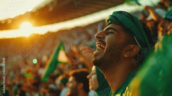 Fototapeta A Saudi Arabian football fan at the stadium. Saudi supporters watching their team play soccer on the field. group of green falcons supporters waving flags and wearing national jerseys.