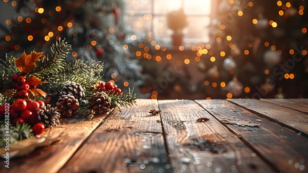 Fototapeta Weihnachtlicher Hintergrund mit Lichtern, Tannen und Holzdielen, made by AI