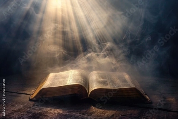 Fototapeta Open bible on a dark background with rays of light coming out from the pages