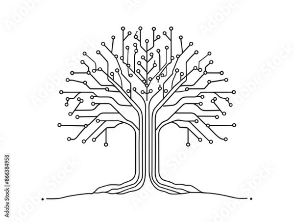 Fototapeta Technology Interwoven with Nature: Single-Line Tree with Circuit Branches Crossing into Digital Realm