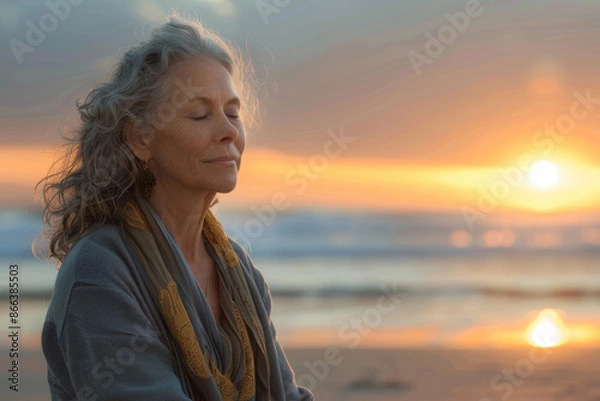 Fototapeta Woman meditating on beach at sunset