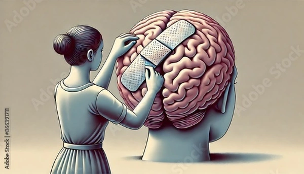 Fototapeta illustration of a woman placing a large bandage on a human brain, symbolizing the treatment of mental health or brain injury