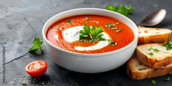 Fototapeta Creamy Tomato Soup with Parsley Sour Cream and Toasted Bread. Concept Creamy Tomato Soup, Parsley Sour Cream, Toasted Bread, Comfort Food, Cozy Meal