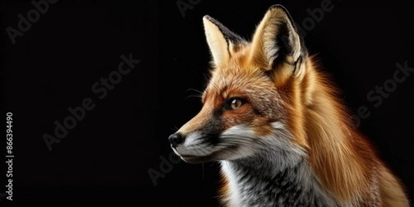 Fototapeta  Portrait of a red fox, photo studio set up with key light, isolated with black background and copy space.