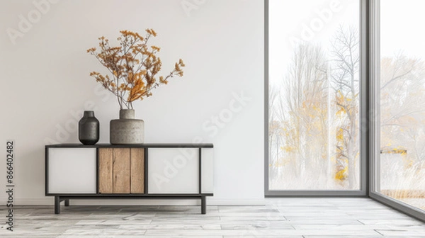 Fototapeta Stylish sideboard next to a big window filling the room with natural lighting in a residential interiors composition. Real Estate and architectural advertising with copy space.