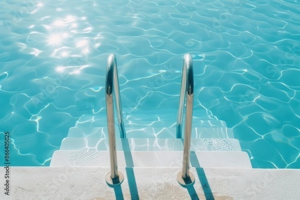 Fototapeta Shimmering pool steps leading into crystal clear blue swimming pool