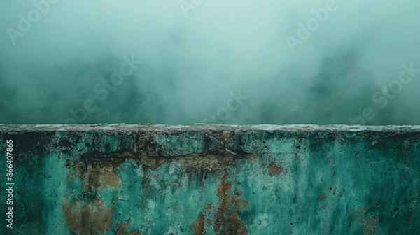 Fototapeta Weathered turquoise wall with peeling paint, set against a backdrop of dense, misty fog, creating a sense of decay and mystery