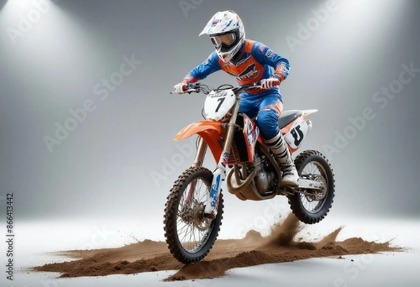 Fototapeta motocross, captured against a clean white background, glossy ground, dim spot lights, ad shot,