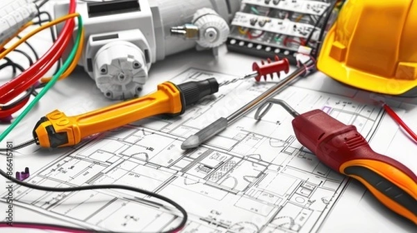 Obraz Construction Tools and Blueprint Close-up