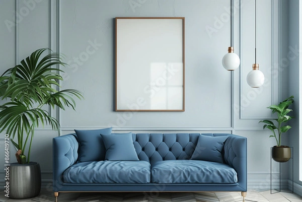 Fototapeta modern contemporary flat interior in Scandinavian style with blue sofa and empty blank poster on the wall.