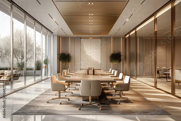 Fototapeta Spacious meeting room with a long conference table and minimalist design. Neutral tones and simple decor.