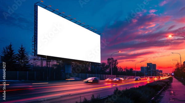 Obraz A vacant billboard looms over traffic at dusk, ideal for your advertisement.
