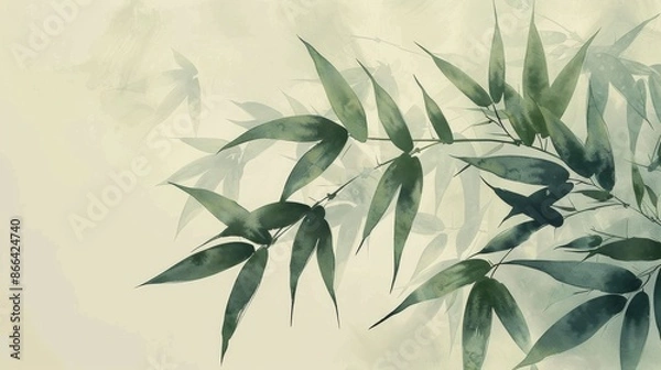Fototapeta Watercolor painting of bamboo leaves with soft green background. Zen art with calming, peaceful, and natural aesthetic.