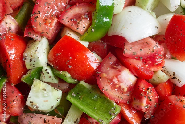 Fototapeta Close-up of a fresh vegetable salad with tomatoes, green bell peppers, and onions, seasoned with herbs and olive oil shows the textures of the freshness and healthiness of the ingredients.