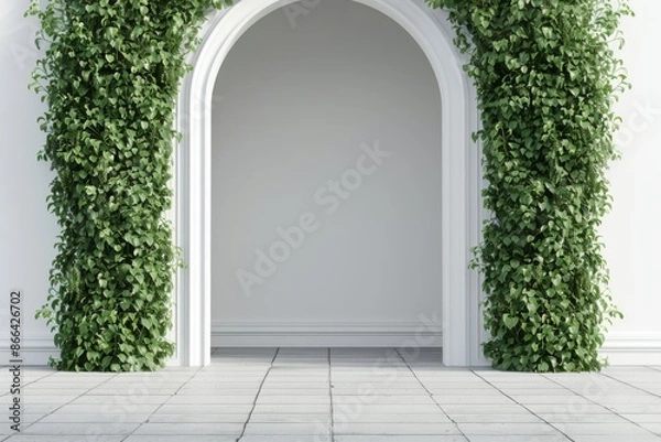 Fototapeta Minimalistic garden archway covered in green foliage against a clean white wall creating a fresh and elegant outdoor feature
