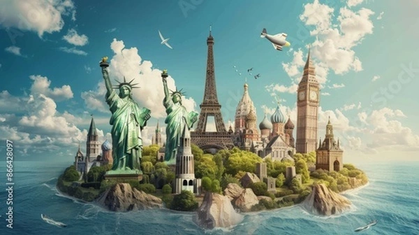 Fototapeta An artistic depiction of iconic landmarks from around the world, including the Statue of Liberty, Eiffel Tower, and Big Ben, all creatively situated on a single floating island.