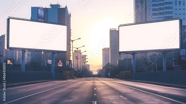 Fototapeta City road adorned with two large rectangular blank billboards, reflecting the early morning light.