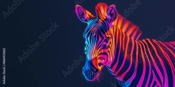 Fototapeta Vivid Neon Zebra Portrait in Minimalistic Style on Dark Background with Striking Colors