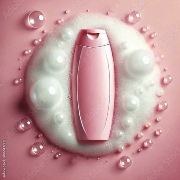 Fototapeta Pink shampoo bottle against a gradient background with copy space