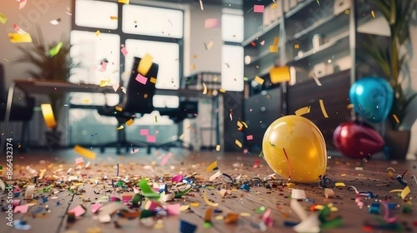 Obraz office confetti Year Cleaning floor New party after aftermath air background balloon care celebration chaos christmas cleaner container corporate december decor dirty enjoyment event.
