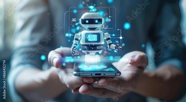 Fototapeta Digital Robot Hologram Appearing From Smartphone