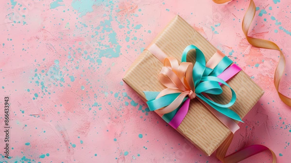 Fototapeta An attractive present box with a colorful ribbon lies on a pink surface, seen from above. There is room for your own message.