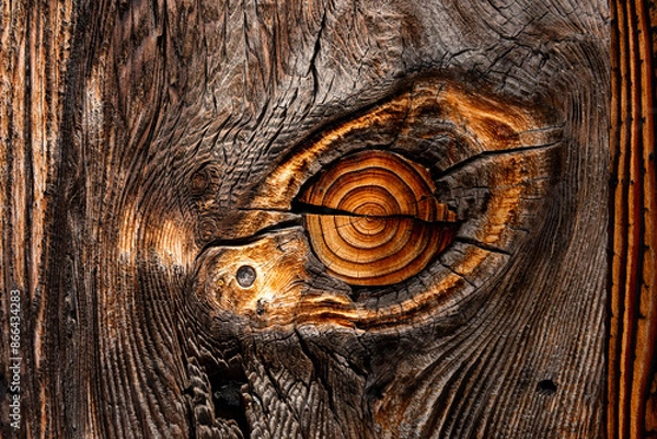 Fototapeta Natural wood knot, details of rings on brown burnt wood texture. Abstract background.