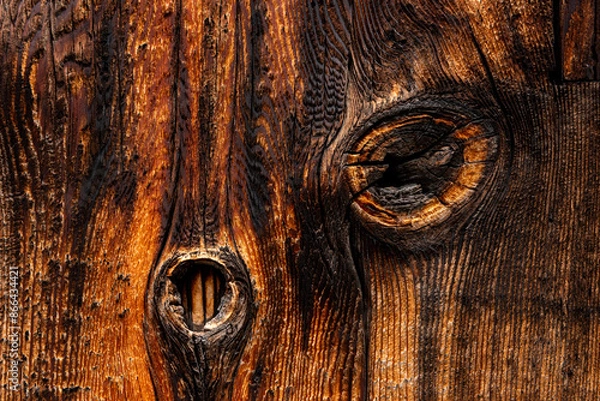 Fototapeta Natural wood knots with details of cracks and rings. Brown burnt wood texture. Abstract background.