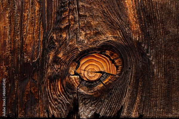Fototapeta Natural wood knot with details of cracks and rings. Brown burnt wood texture. Abstract background..