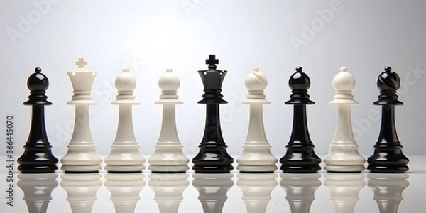 Fototapeta stands leading a formation of various chess pieces, Various chess pieces positioned on a chess board, various chess pieces