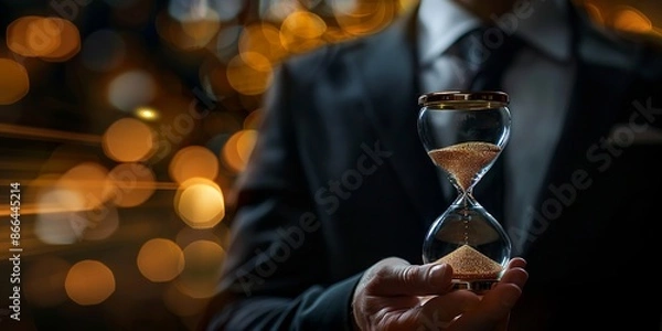 Fototapeta Man in Suit Holding Hourglass with Bokeh Light Background