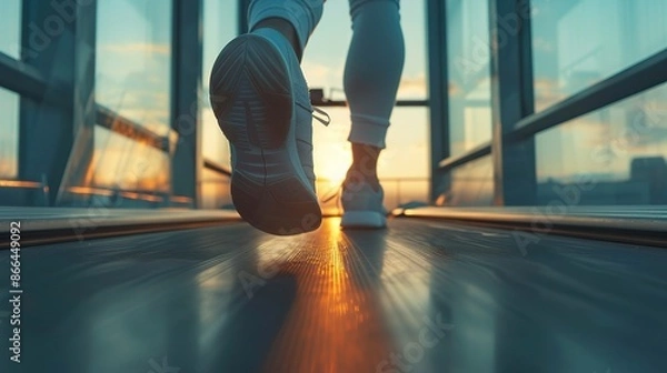 Fototapeta Close up of a man running on a treadmill with window light, from a low angle view. A man's legs in sport shoes walking at the gym during a morning sunrise, in the real photo.