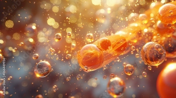 Fototapeta Abstract background of floating oil droplets and bubbles in water with a golden light effect. Concept of liquid, chemistry, science, and abstract art.