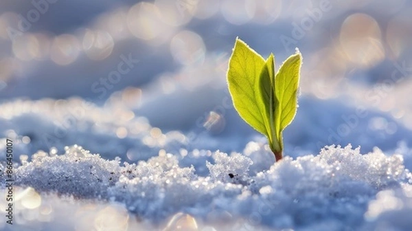 Fototapeta The appearance of a young green sprout from the snowcovered ground signifies the end of winter