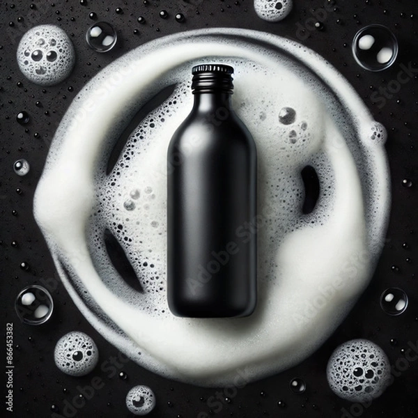 Fototapeta Black shampoo bottle against a gradient background with copy space