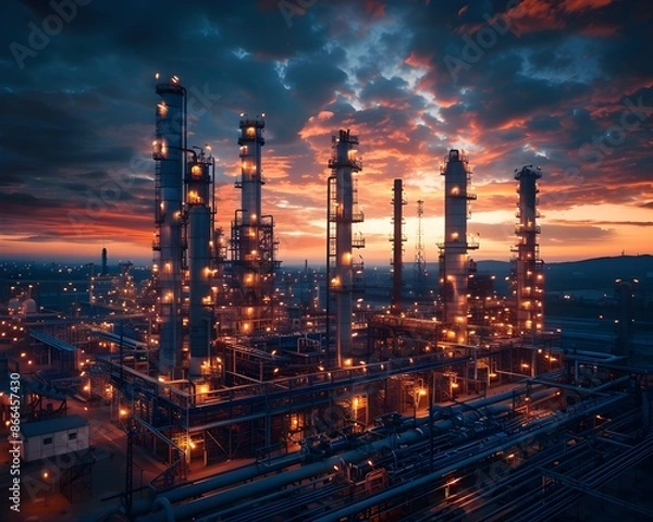 Fototapeta Illuminated Oil Refinery Towers and Pipelines at Dramatic Dusk Sky