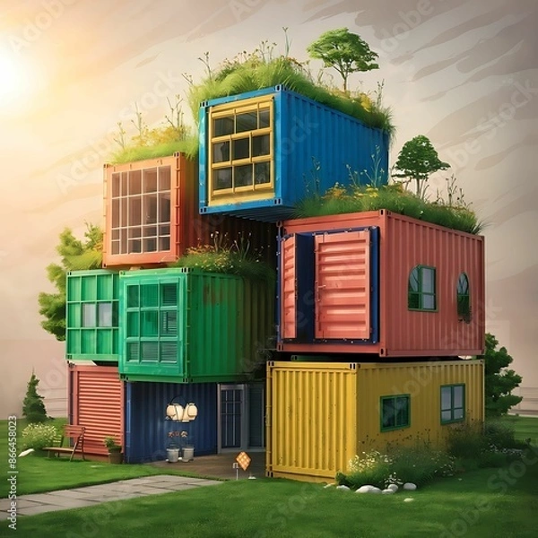 Fototapeta house made with containers, different construction models and different colors - 1