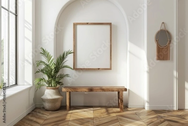Fototapeta Frame mockup at home, farmhouse hallway interior background, 3d render 
